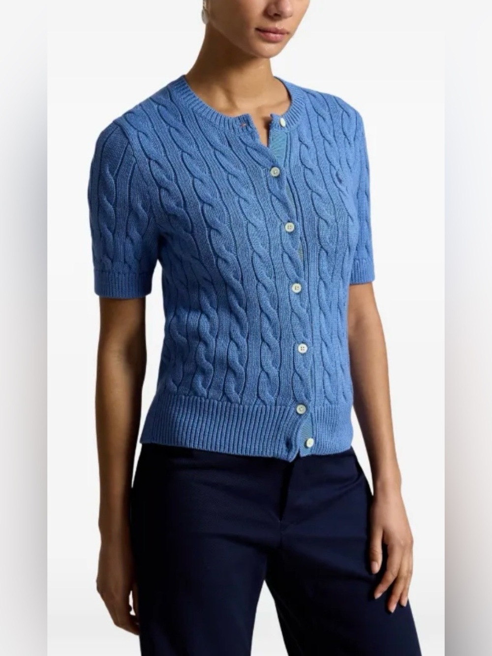 Polo Ralph Lauren Blue Cable-Knit Short-Sleeve Cardigan Sweater Size Medium